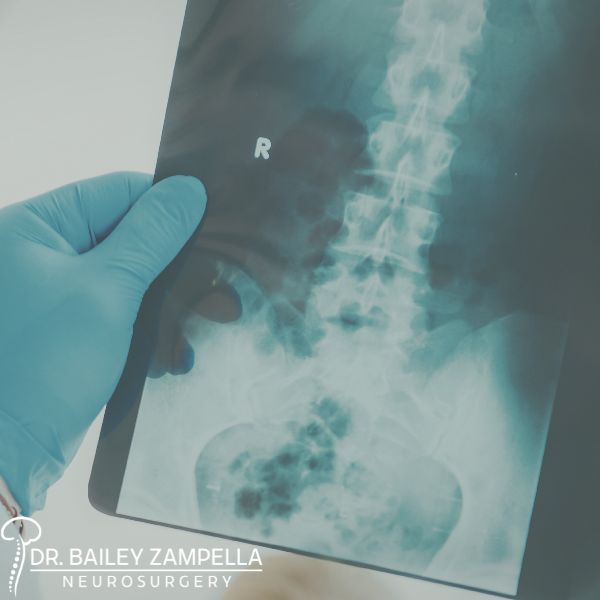 A gloved hand holds a spinal X ray film showing the lumbar region, labeled with an "R"; branding at the bottom reads "Dr Bailey Zampella Neurosurgery